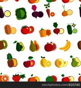Vegetable and fruits organic food seamless pattern isolated on white vector. Pomegranate with juicy apple, pear and grapes, cherry and lemon. Peach and tomato, mushroom and garlic with onion. Vegetable and fruits organic food seamless pattern isolated on white vector.