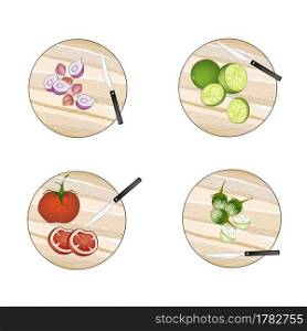 Vegetable and Herb, Illustration of Shallot Onions, Limes, Tomatoes and Green Eggplant on Wooden Cutting Boards.