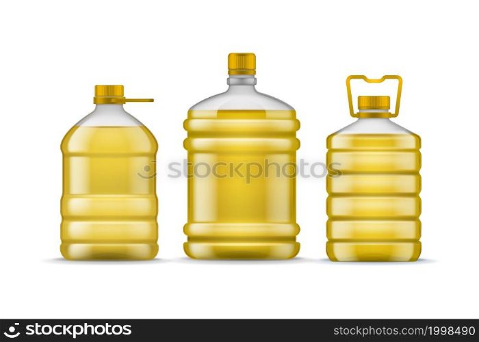 Vegetable bottle oil. Different packaging plastic full bottles with lids. Realistic huge transparent containers for liquid. 3D package for branding, cooking organic ingredient, vector isolated set. Vegetable bottle oil. Different packaging plastic full bottles. Realistic huge transparent containers for liquid. 3D package for branding, cooking organic ingredient, vector isolated set