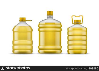 Vegetable bottle oil. Different packaging plastic full bottles with lids. Realistic huge transparent containers for liquid. 3D package for branding, cooking organic ingredient, vector isolated set. Vegetable bottle oil. Different packaging plastic full bottles. Realistic huge transparent containers for liquid. 3D package for branding, cooking organic ingredient, vector isolated set