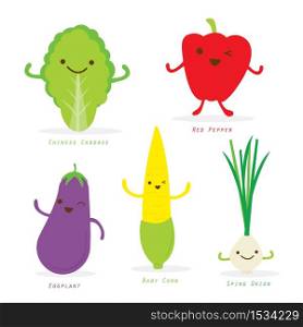 Vegetable Cartoon Cute Eggplant Baby Corn Pepper Spring onion Chinese Cabbage Vector