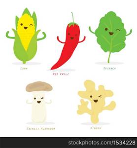 Vegetable Cartoon Cute Spinach Corn Chili Pepper Eringii Mushroom Ginger Vector
