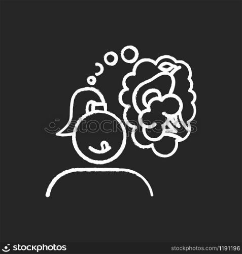 Vegetable carving chalk icon. Hungry for healthy food. Broccoli and avocado. Vegan girl. Nutritious diet. Appetite and hunger. Woman thinking of veggies. Isolated vector chalkboard illustration