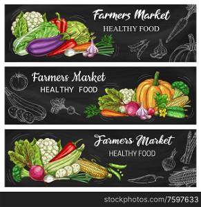 Vegetable chalkboard banners with vector chalk sketches of carrot, tomato, pepper and chilli. Radish, garlic, onion and broccoli, cabbage, eggplant, pea and corn, cauliflower, asparagus and zucchini. Vegetable chalk sketches, chalkboard banners