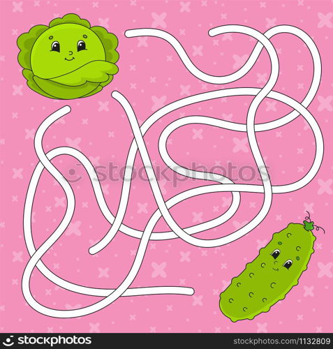 Vegetable cucumber, cabbage. Maze. Game for kids. Labyrinth conundrum. Education developing worksheet. Puzzle for children. Activity page. Cartoon character. Color vector illustration.