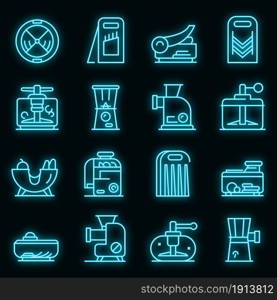 Vegetable cutter icons set. Outline set of vegetable cutter vector icons neon color on black. Vegetable cutter icons set vector neon