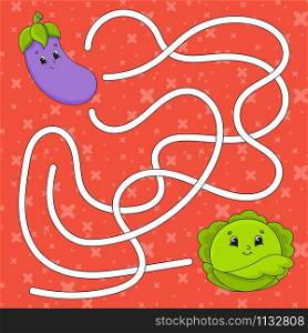 Vegetable eggplant, cabbage. Maze. Game for kids. Labyrinth conundrum. Education developing worksheet. Puzzle for children. Activity page. Cartoon character. Color vector illustration.