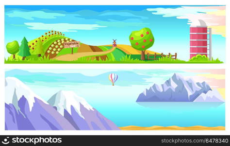 Vegetable Farm and Mountain Landscape Horizontal. Two horizontal images vector illustration. Fruit and fir trees, cabbage and sunflowers, water tower and red mill on green ranch. Snow-capped mountains, sea calm and striped balloon on second picture.