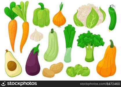 Vegetable food. Cartoon organic vegan products, carrots, peppers, onions, zucchini, eggplant, potatoes, cucumber, avocado. Vector isolated set illustration cute vegetables foods. Vegetable food. Cartoon organic vegan products, carrots, peppers, onions, zucchini, eggplant, potatoes, cucumber, avocado. Vector isolated set