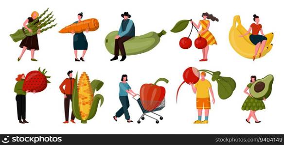 Vegetable food, diet fruit and berries icons. People health, vegan eco logo, vegetarian summer huge products, healthy tiny woman and man. Farm harvest. Vector current cartoon flat style illustration. Vegetable food, diet fruit and berries icons. People health, vegan eco logo, vegetarian summer huge products, healthy tiny woman and man. Farm harvest. Vector current cartoon flat illustration