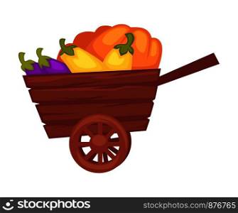 Vegetable fresh organic harvest in wooden cart. Ripe pumpkin, juicy eggplants and sweet bell pepper in rural trolley. Natural food from farm in container isolated catoon flat vector illustration.. Vegetable fresh organic harvest in wooden cart