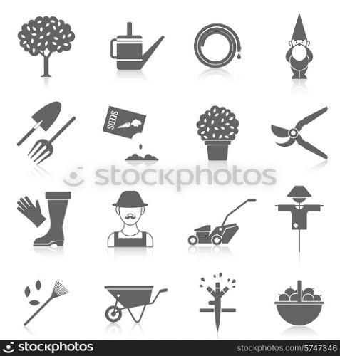 Vegetable garden watering hose black icons set with cartoon character silhouette and scarecrow abstract isolated vector illustration