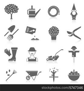 Vegetable garden watering hose black icons set with cartoon character silhouette and scarecrow abstract isolated vector illustration