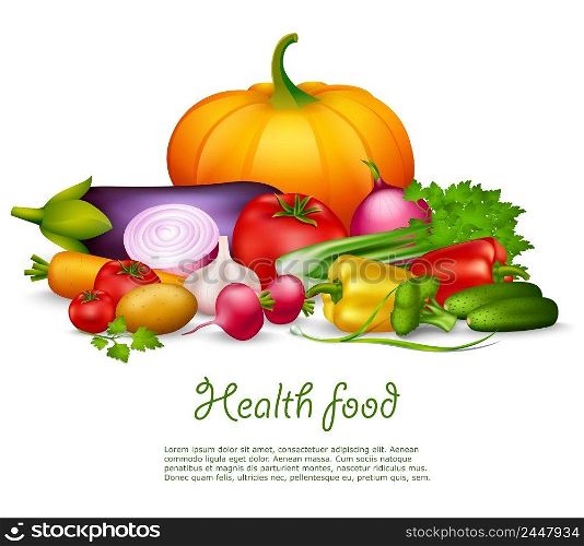 Vegetable health food colorful design concept on white background in realistic style with pumpkin potato cucumber pepper  tomatoes vector illustration . Vegetable Health Food Design Concept