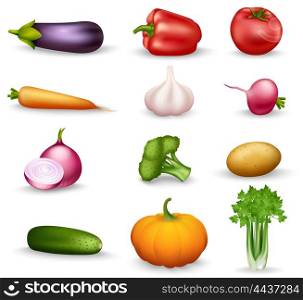 Vegetable Health Food Colorful Icons. Realistic vegetable colorful isolated icons on white background with onion radishes broccoli parsley carrots garlic vector illustration
