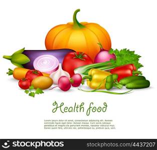 Vegetable Health Food Design Concept. Vegetable health food colorful design concept on white background in realistic style with pumpkin potato cucumber pepper tomatoes vector illustration