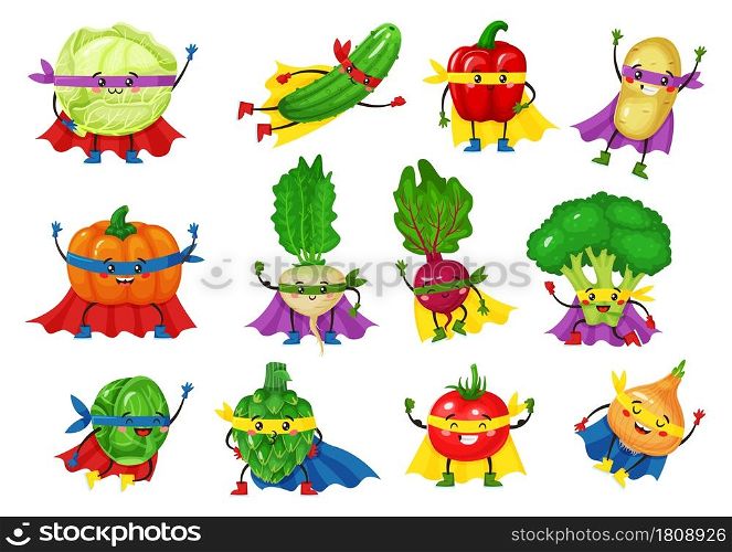 Vegetable hero characters. Funny tomato, broccoli, cucumber in superhero capes. Cute smiling vegetables superheroes mascot vector set. Organic fresh beetroot and pumpkin in masks and capes. Vegetable hero characters. Funny tomato, broccoli, cucumber in superhero capes. Cute smiling vegetables superheroes mascot vector set