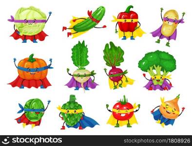 Vegetable hero characters. Funny tomato, broccoli, cucumber in superhero capes. Cute smiling vegetables superheroes mascot vector set. Organic fresh beetroot and pumpkin in masks and capes. Vegetable hero characters. Funny tomato, broccoli, cucumber in superhero capes. Cute smiling vegetables superheroes mascot vector set