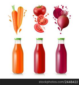 Vegetable juices set with full glass bottles carrot tomato and beet isolated vector illustration. Vegetable Juices Set