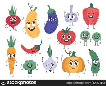 Vegetable mascots. Happy carrot, cute cucumber and pumpkin characters, funny vegetarian food mascot, comic veggies emotions vector icons set. Cucumber and pumpkin, broccoli and tomato illustration. Vegetable mascots. Happy carrot, cute cucumber and pumpkin characters, funny vegetarian food mascot, comic veggies emotions vector icons set