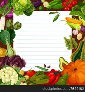 Vegetable meal salad recipe vector template. Radish and artichoke, cabbage and cauliflower, brussels sprout, potato and tomato, pumpkin, onion and mushroom. Piece of paper with vegetables. Vegetable salad recipe vector template