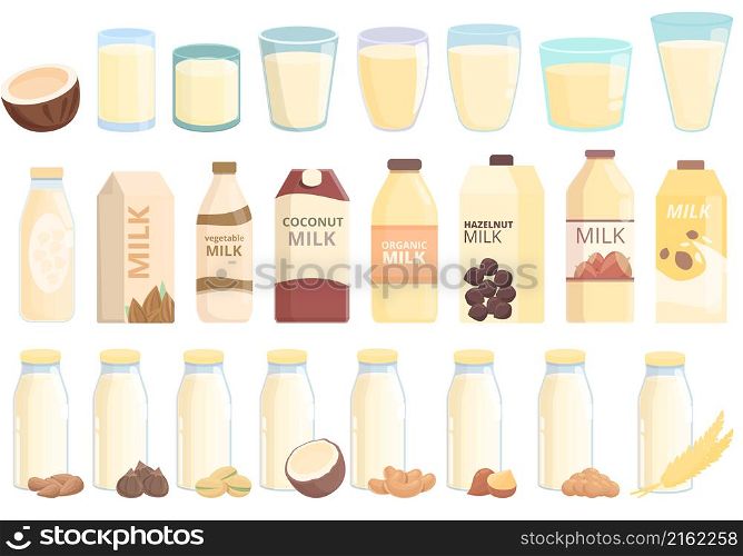 Vegetable milk icons set cartoon vector. Almond soy. Coconut soya. Vegetable milk icons set cartoon vector. Almond soy