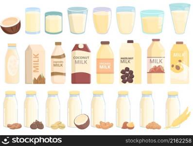 Vegetable milk icons set cartoon vector. Almond soy. Coconut soya. Vegetable milk icons set cartoon vector. Almond soy