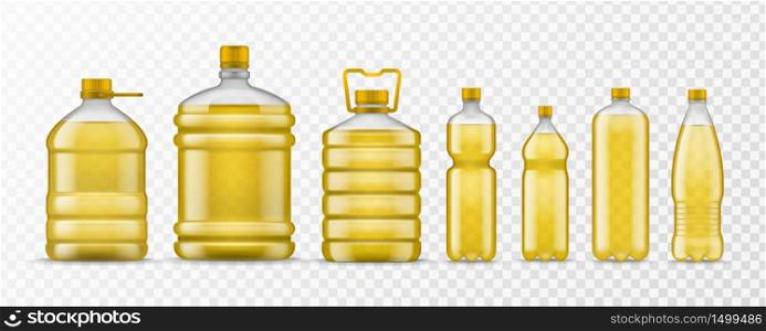 Vegetable oil bottle. Different packaging plastic bottles with yellow organic oil, natural liquid ingredient healthy food, realistic vector mockups. Vegetable oil bottle. Different packaging plastic bottles with yellow organic oil, natural ingredient healthy food, realistic vector mockups