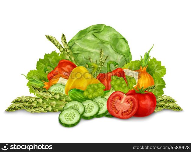 Vegetable organic food mix still life isolated on white background vector illustration.