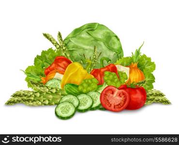 Vegetable organic food mix still life isolated on white background vector illustration.