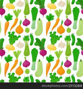 Vegetable pattern. Seamless print of cartoon zucchini onion celery carrot garlic cucumber. Vector texture of vegan food illustrations design image vegetables. Vegetable pattern. Seamless print of cartoon zucchini onion celery carrot garlic cucumber. Vector texture of vegan food