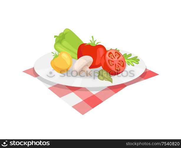 Vegetable plate isolated vector icon in cartoon style. Hand drawn set of veggies, tomato and pepper, mushroom and herbs, restaurant menu cover emblem. Vegetable Plate Isolated Vector Icon Cartoon Style