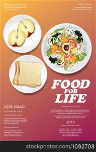 Vegetable Salad Food, Apple and Bread Poster Design Vector Illustration