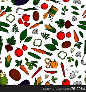 Vegetable salad ingredients background with seamless pattern of tomatoes, olives and onions, carrots, beetroots and corn cobs, peppers, cucumbers and eggplants, potatoes, mushrooms and garlic, canned green peas, olive oil and spicy herbs. Vegetable salad ingredients seamless pattern