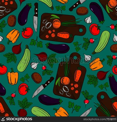 Vegetable salad preparation or production seamless pattern with potato and pepper, radish and tomato, carrot and onion, squash and peas, eggplant, knife and cutting board isolated on cyan or blue.. Vegetable salad preparation seamless pattern