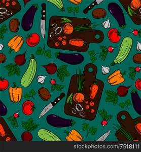 Vegetable salad preparation or production seamless pattern with potato and pepper, radish and tomato, carrot and onion, squash and peas, eggplant, knife and cutting board isolated on cyan or blue.. Vegetable salad preparation seamless pattern