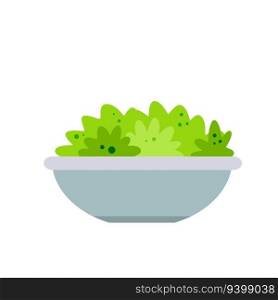 Vegetable salad with green leaves in plate. Food in dishes. Flat cartoon illustration isolated on white. Proper nutrition and vegetarianism. Vegetable salad with green leaves in plate