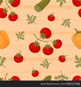 Vegetable seamless pattern. Bunches of red tomatoes with peppers and cucumbers on yellow striped background. Vector autumnal illustration for design, packaging, wallpaper and textile