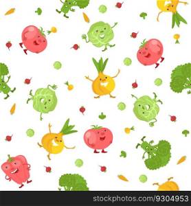 Vegetable seamless pattern. Happy cartoon characters. Cabbage and tomato with smiling faces. Funny onion and broccoli. Vegan products. Vegetarian eating. Food mascots. Cute print. Vector background. Vegetable seamless pattern. Happy cartoon characters. Cabbage and tomato with smiling faces. Funny onion and broccoli. Vegan products. Vegetarian eating. Cute print. Vector background