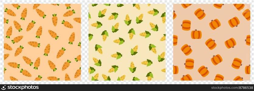 Vegetable seamless pattern set. Carrot, corn and pumpkin. Design elements for baby textile or clothes. Food print for curtain. Vector illustration