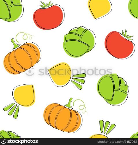 Vegetable seamless pattern vector flat illustration. Natural food pattern design with line pumpkin, tomato and cabbage, turnip vegetable seamless texture in bright colors for healthy vegetarian menu. Vegetable seamless pattern vector illustration