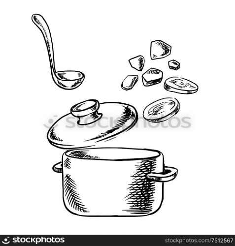 Vegetable soup cooking process sketch with cooking pot, ladle and slices of fresh carrot and potato vegetables, for healthy vegetarian food theme. Cooking process of soup with vegetables