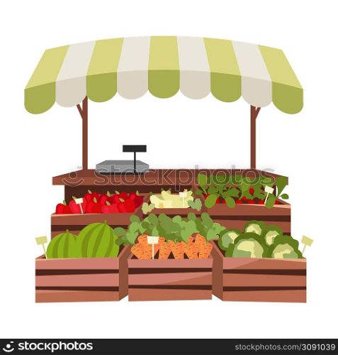 Vegetable stand semi flat color vector object. Full sized item on white. Purchasing fresh organic fruits and veggies simple cartoon style illustration for web graphic design and animation. Vegetable stand semi flat color vector object