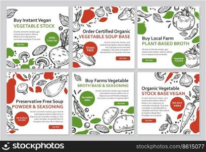 Vegetable stock promotion at social media set. Hand drawn sketch element at vegan soup base advertising, vector illustration. Plant based and seasoning broth product at post collection. Vegetable stock promotion at social media set