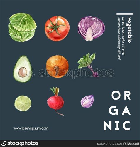 vegetable watercolor paint collection. Fresh food organic decor healthy ad design illustration