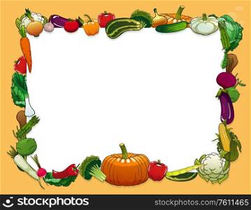 Vegetables and farm veggies frame, vector blank paper note. Grocery store organic vegetables pumpkin, squash and kohlrabi, broccoli and cauliflower cabbage, corn and beet, onion and asparagus. Vegetables and farm veggies frame