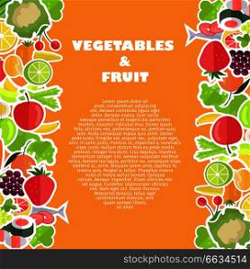 Vegetables and fruit banner with text on orange background. Vector illustration of yummy berries, vegetarian meal and ripe organic citruses. Healthy Food Banner with Fruits and Vegetables