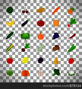 Vegetables and fruit icons in flat style isolated on transparent background. Vector illustration. Vegetables and fruit icons