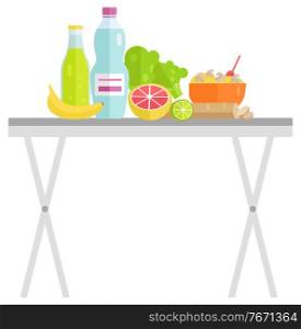 Vegetables and fruit on table, bottle of drink and salad in bowl. Garage sale of orange and lime, banana and cabbage, mushroom and sausage, food vector. Food and Drink on Table, Fresh Product Vector