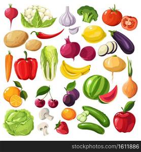 Vegetables and fruits, beetroot and broccoli, tomato and aubergine, pepper and carrot, cabbage and mushroom, potato and garlic. Lemon and banana, cherry branch and watermelon vector in flat style. Fruits and vegetables, organic ingredients, useful meal vector